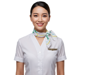 A professional young female flight attendant wearing a crisp white airline uniform isolated on transparent background