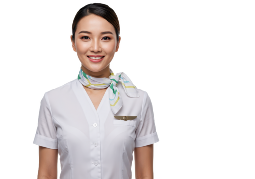 A professional young female flight attendant wearing a crisp white airline uniform isolated on transparent background