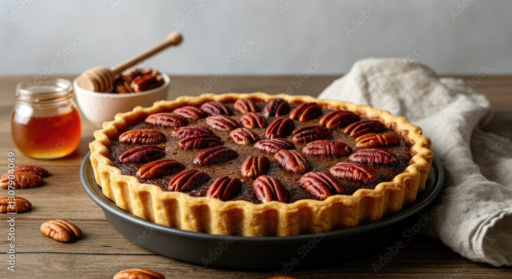 Poster homemade pecan pie with honey and whole pecans on rustic table