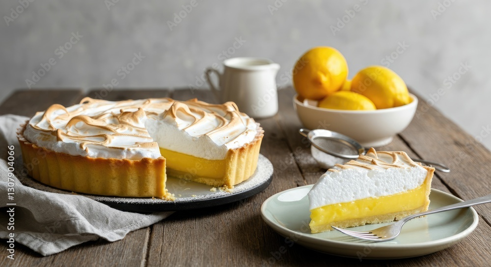 Poster lemon meringue pie with slice, lemons, and utensils on rustic table