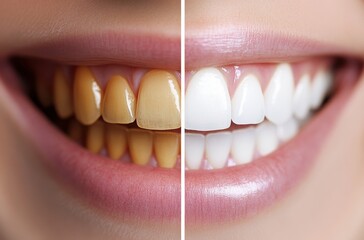 Close-up of a Beautiful Smile Showcasing Before and After Whitening Treatment with Yellow and White Teeth Contrast Enhancing Oral Health Appeal
