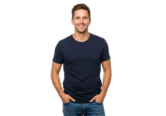 Fototapeta premium A fit and happy man with short brown hair wearing a navy blue t-shirt and blue jeans isolated on transparent background