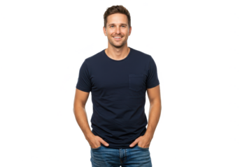 A fit and happy man with short brown hair wearing a navy blue t-shirt and blue jeans isolated on transparent background