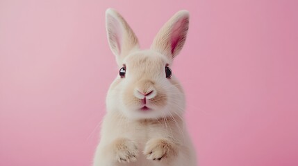 Obraz premium Fluffy White Rabbit on Pink Background / ピンクの背景のふわふわした白いウサギ