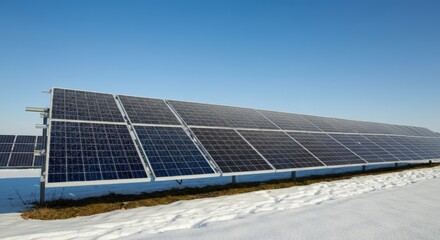 Solar panels in snowy field under clear blue sky