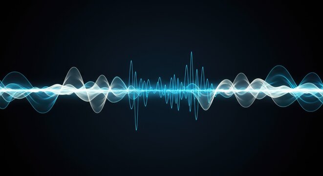 Abstract sound wave illustration in blue and white on dark background