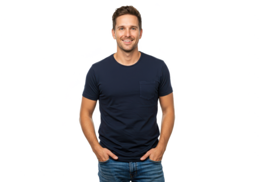 A fit and happy man with short brown hair wearing a navy blue t-shirt and blue jeans isolated on transparent background