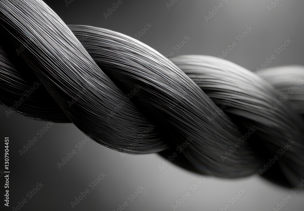 Aufkleber close-up of a twisted black fiber rope against a smooth gray background highlighting texture and det