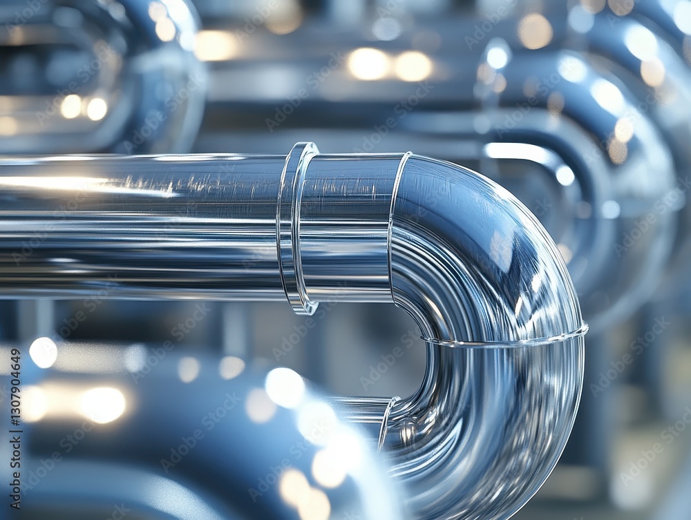 Poster close-up of chrome industrial pipe system with reflective surfaces and curved joint highlighting mod