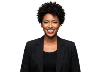 A confident African American businesswoman with a radiant smile in black suit isolated on transparent background