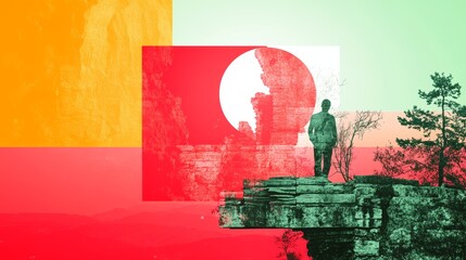 Fototapeta premium A man stands silhouetted against a vibrant, abstract landscape. Bold colors and textures create a surreal atmosphere.