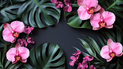 Zielone tropikalne liście i różowe kwiaty na czarnym podłożu