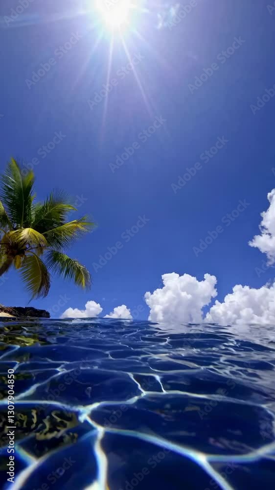 Poster underwater video captures a serene ocean floor with rippling light patterns. shot from a low angle, 