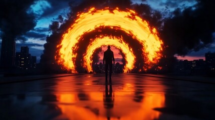 A lone figure stands before a fiery portal, a breathtaking spectacle of orange and black against a cityscape backdrop.