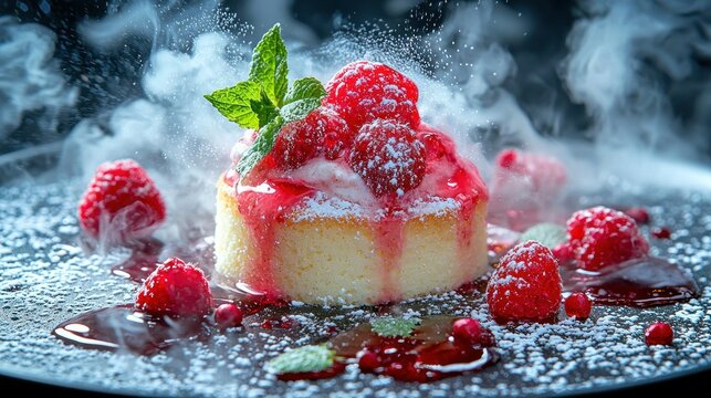 Cake with raspberries and red fruit sauce is on a black plate with some mist
