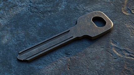 Close-up of a key resting on a stone surface with textured background