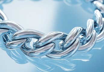 Close-Up of Shiny Silver Chain Links on a Reflective Surface with Soft Blue Background, Highlighting the Intricate Design and Luster of Jewelry Craftsmanship