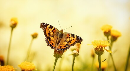 Obraz premium Butterfly perched on yellow flowers in sunny field