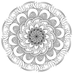 Fantasy zen mandala with abstract motifs and petals, meditative coloring page for activity and design