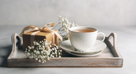 Fototapeta premium Cup of tea and gift on wooden tray adorned with white flowers