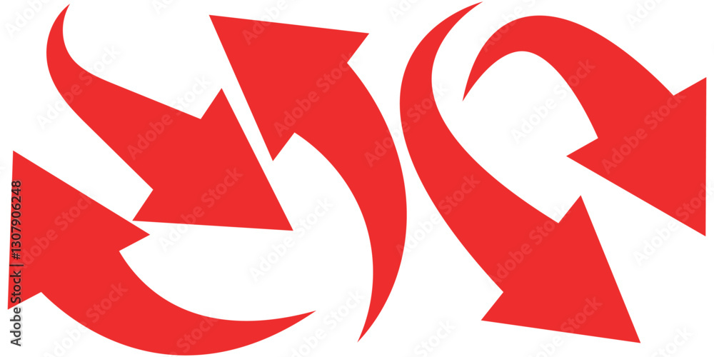 Poster red curve arrows set. curved arrows. red long arrow sign. flat style icons. set of red curve arrow i
