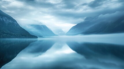 Fototapeta premium Mountainous landscape reflected in tranquil water under a cloudy sky