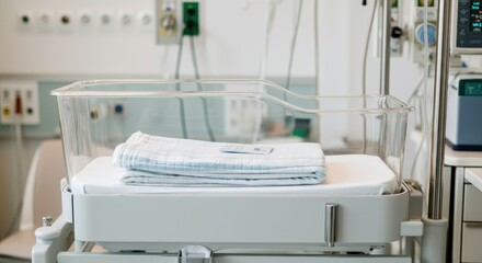 Empty hospital baby bassinet with blanket