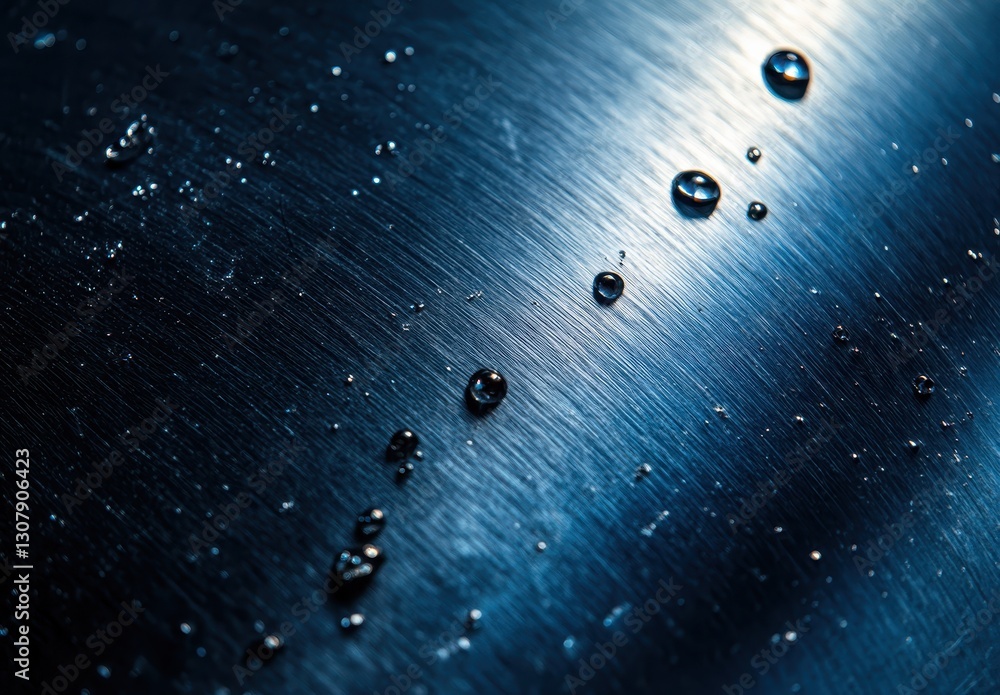 Poster close-up of water droplets on reflective metallic surface capturing texture and light play with abst