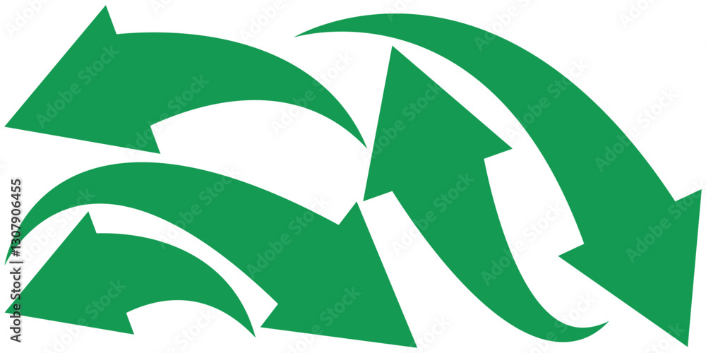 Poster a set of large bold green curved arrow icons. green curve arrow icon set. long arrow icon set.