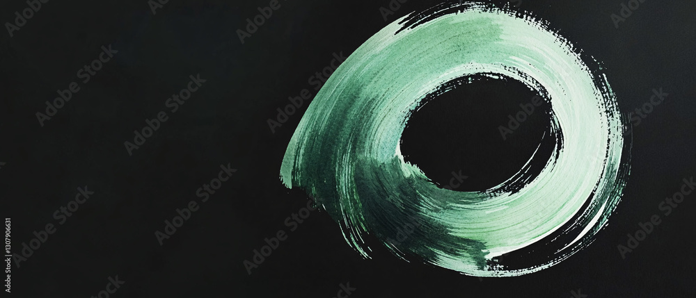Poster a green circular brushstroke on a black background with textured edges and a smooth center