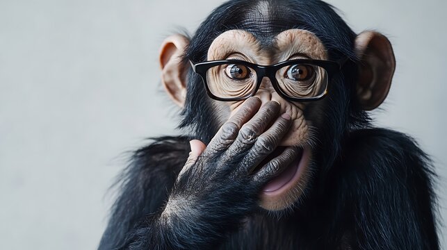 Funny Monkey with Glasses Covering its Mouth / 口を覆っているメガネの猿