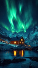 Fototapeta premium Northern lights illuminate a cozy cabin near a tranquil lake in a mountainous landscape at night