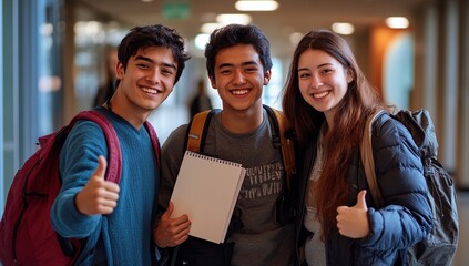 Obraz premium Smiling Diverse Students with Thumbs Up in a School Hallway