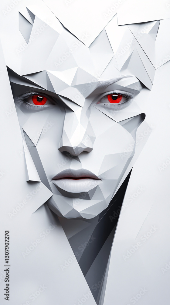 Poster a futuristic ai humanoid face emerging from a fractured polygonal surface with glowing red eyes crea