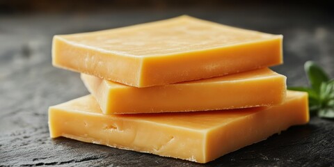 Freshly sliced cheddar cheese stacked on a dark stone surface with a hint of green herb
