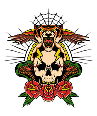 Tattoo Art Fusion: An eye-catching, vector-style illustration that merges fierce tiger with skull, snake, and rose elements. The image is a complex tattoo design