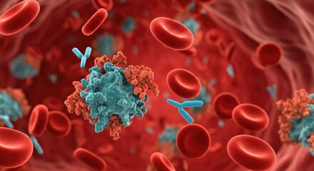 3D illustration of antibodies attacking cancer or virus cells in bloodstream