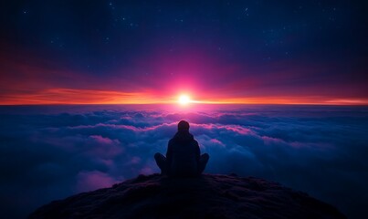 Silhouette meditates atop mountain peak, sunrise over clouds