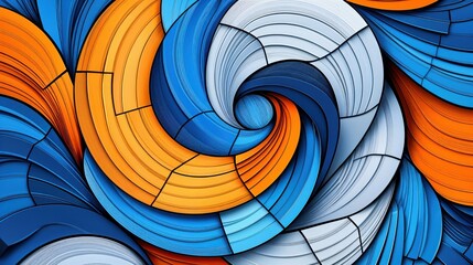 Fototapeta premium Vivid shades of blue blend seamlessly with vibrant orange in an intricate spiral design, evoking a sense of motion and fluidity that draws the eye into its depths.