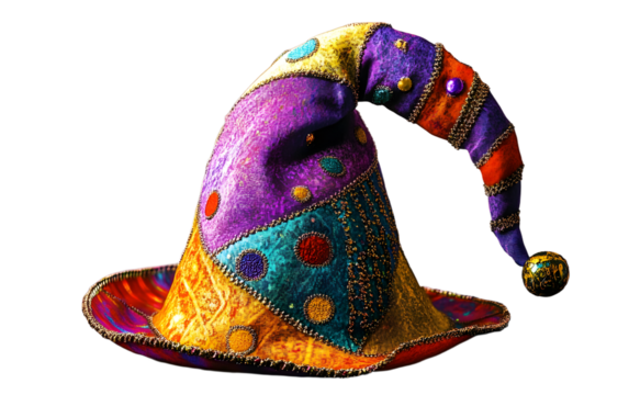 Vibrant Jester Hat Featuring Holi-Inspired Patterns for Celebration Isolated on transparent background.