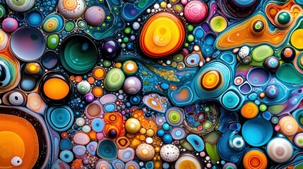 Captivating orbs float harmoniously in a swirling sea of vibrant colors, forming a mesmerizing abstract display that evokes joy and curiosity amidst artistic chaos.
