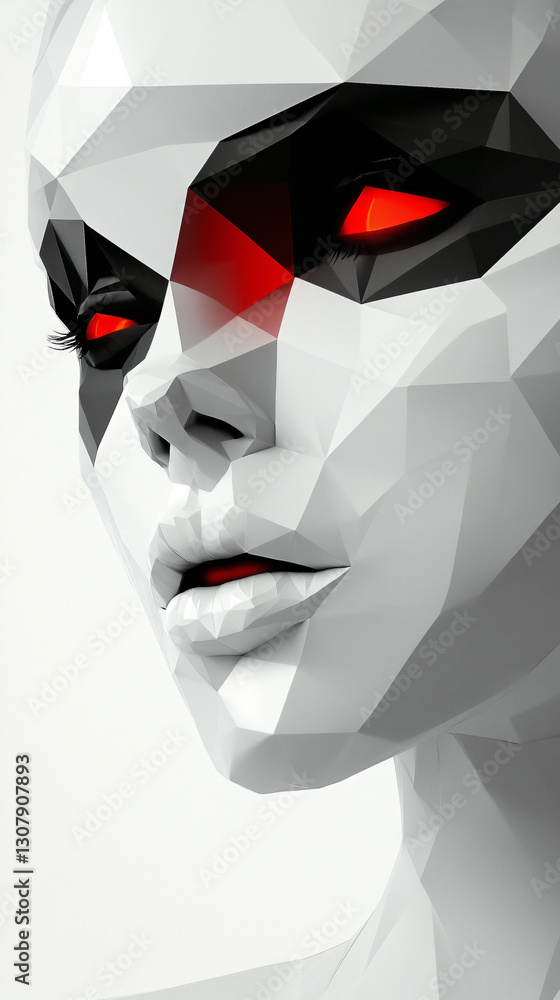Aufkleber a faceted android face with a dark mask-like pattern and glowing red eyes in grayscale tones