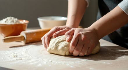 Person kneading dough on floured surface, baking concept