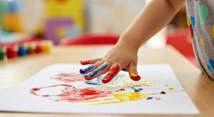 Obraz premium Child's hand painting with colorful finger paints on paper