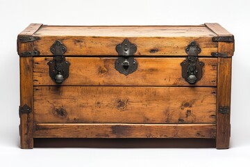 Vintage wooden chest with metal fittings displayed against a clean background showcases craftsmanship and rustic charm