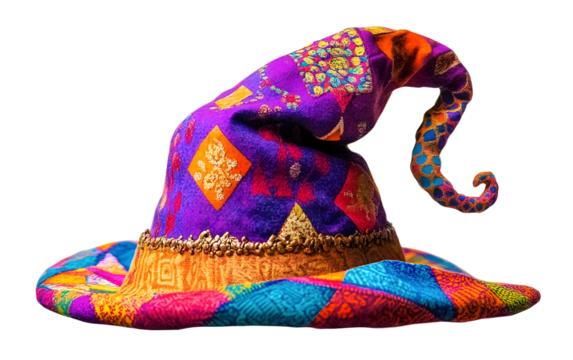 Vibrant Jester Hat Featuring Holi-Inspired Patterns for Celebration Isolated on transparent background.