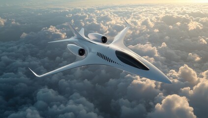 Futuristic jet aircraft flying above fluffy clouds at sunrise.