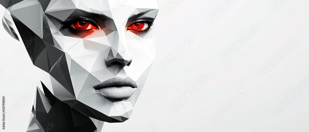 Poster a digital futuristic female face in a polygonal low-poly style with glowing red cybernetic eyes and 