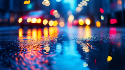 City street puddles at night, rain, blurred lights