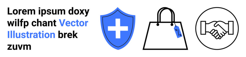 Blue shield with cross for protection, shopping bag with tag for retail, handshake for trust. Ideal for healthcare, security, e-commerce, agreements, protection, branding and flat landing page